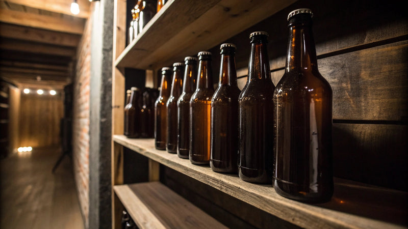 Cave à bières avec des bouteilles neutres.