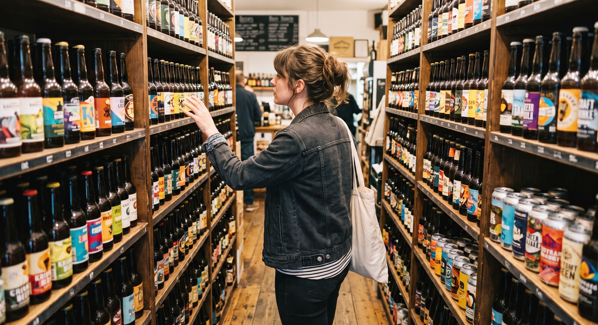 Une femme dans un rayon de bières.