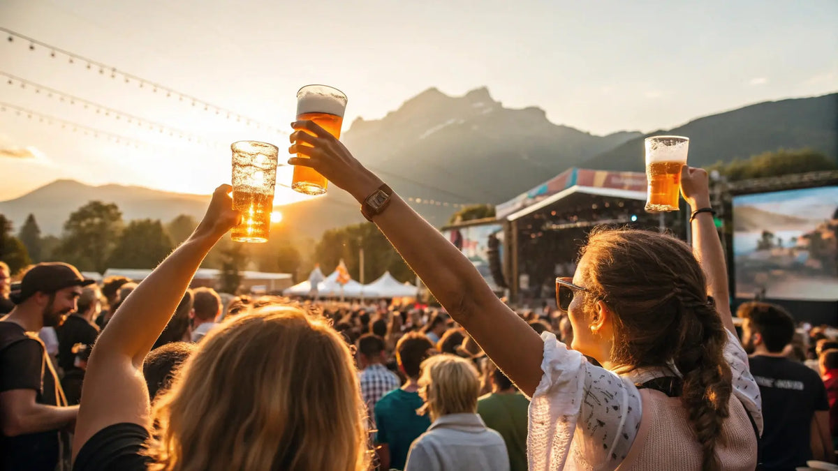 Festivaliers avec des bières artisanales à la main.