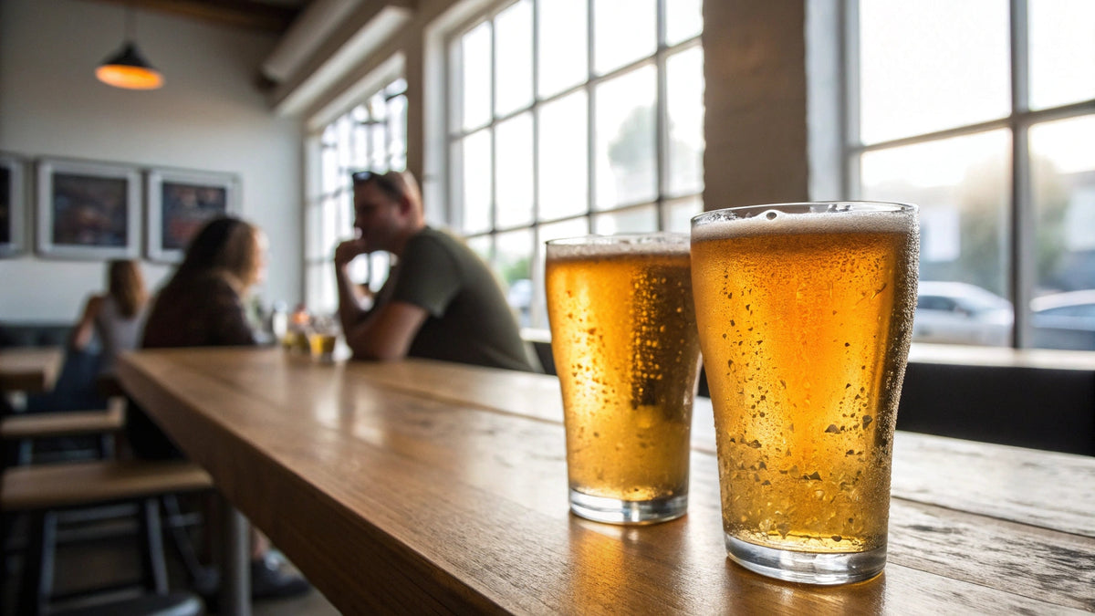 Deux verres de bière fraîche posés sur un comptoir en bois dans un bar, avec des clients assis en arrière-plan.