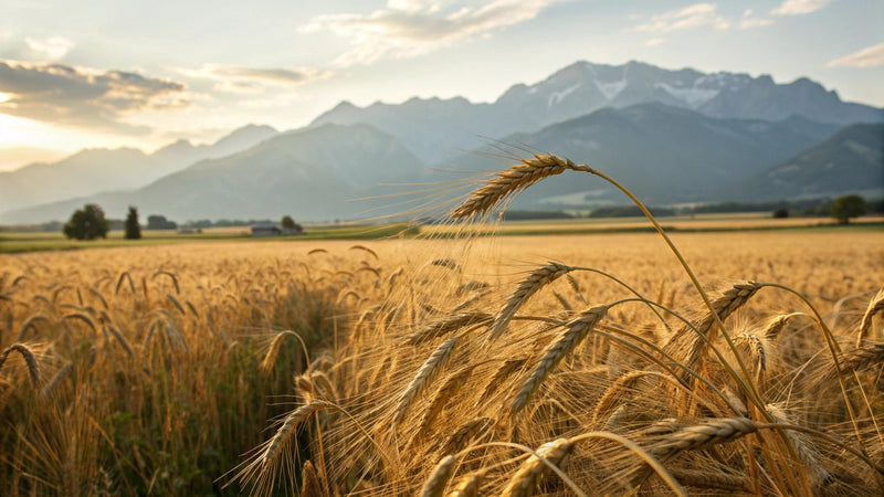 Épi d'orge doré au premier plan avec champ de céréales et montagnes suisses en arrière-plan