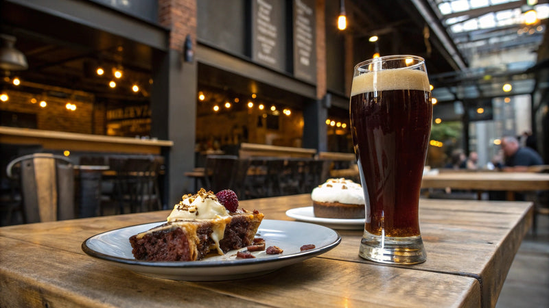 Verre de bière artisanale brune avec mousse crémeuse accompagné d'un dessert au chocolat sur une table en bois dans un bar urbain.
