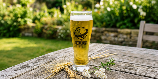 Un verre d'Alternative avec des épis de blé et des fleurs sur la table