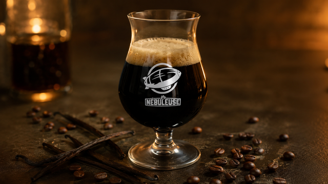 Un verre de bière noire avec de la vanille et des grains de café à côté.