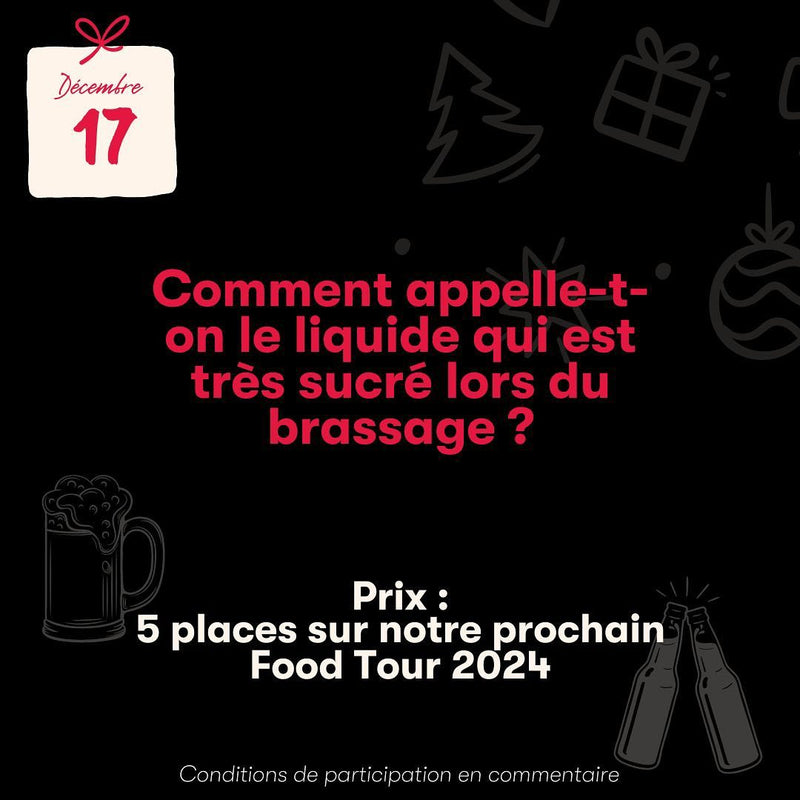https://www.instagram.com/p/C08x_qFt8QD/[SHARP-CAPTION]Le calendrier continue et aujourd’hui on te propose de remporter 5 places sur notre prochain Food Tour 2024 ! 🚀

Conditions de participation :
💡 Donne la bonne réponse en commentaire
🍻 Suis notre compte instagram
🔥 Tag tes 4 autres potes avec qui tu voudrais faire une étape du Food Tour
🍺 Partage en story pour 2x plus de chance 
🍀 Participe autant de fois que tu veux !

On se réjouit de vous voir à l’une de nos dates du Food
Tour 2024 ! 😍

Tirage au sor