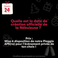 https://www.instagram.com/p/C1PM_sYow6W/[SHARP-CAPTION]Le calendrier s’achève ce 24 décembre et on tenait à tous vous remercier pour votre participation ! On espère que les cadeaux vous ont plu 🎁 🌲 

Pour cette dernière case on te propose de remporter la mise à disposition de notre Piaggio APE(ro) pour le week-end de ton choix (selon nos disponibilités) ! Il est équipé d’une tireuse 2 becs. Tu auras même l’occasion de choisir 2 fûts de ton choix ! 

Conditions de participation 
🍻 Donne la bonne réponse en c